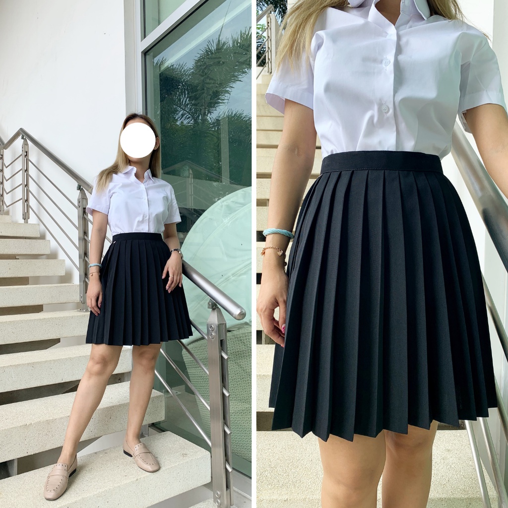 กระโปรงนิสิตนักศึกษาเอวตะขอ กระโปรงพลีสมีจีบ ผ้ามีน้ำหนัก สีดำ หลายไซส์ หลายความยาว ไซซ์23-34