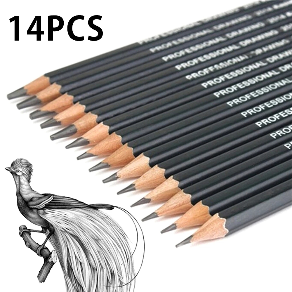Ossayi 14pcs Professional Sketch และวาดเขียนดินสอเครื่องเขียน Supply 6H 4H, 2H HB B 2B 3B 4B 5B 6B 7