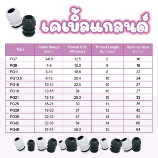 Cable Gland แพ็ค 10 ตัว PG-7,PG-9,PG-11,PG-13.5,PG-16,PG-19 เคเบิ้ลแกลนด์ สีดำ สีขาว เกลียว PG กันน้ำ IP68