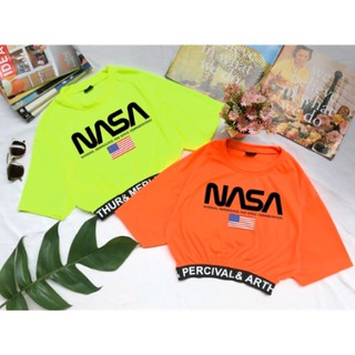 เสื้อครอปจั้มเอวนีออนแถบยางดำ สกรีน Nasa พร้อมส่ง 2 สี ส้ม เขียว💚