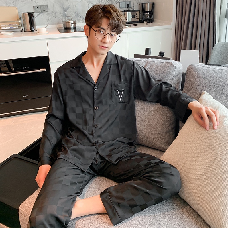 ผู้ชายชุดนอนฤดูใบไม้ผลิและฤดูใบไม้ร่วงผ้าไหมน้ําแข็งแขนยาวเสื้อผ้าหน้าแรก ผ้าแจ็คการ์ด ขนาดใหญ่สบายๆชุดนอน