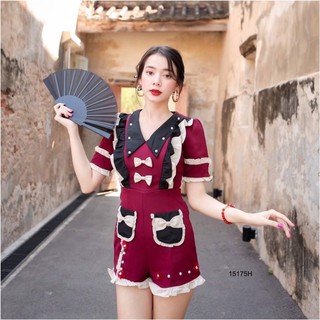 Jumpsuit คอปกแต่งระบายติดโบว์ TW15175