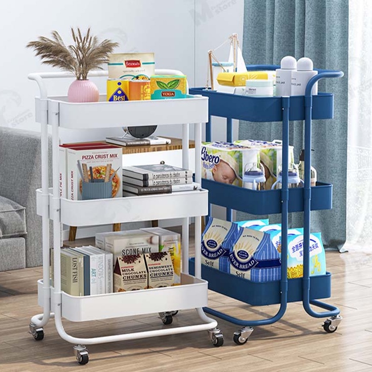 [รุ่นล้อเลื่อน] ชั้นวางของ3ชั้น พร้อมล้อเลื่อน+ที่จับ รถเข็นอาหาร Rolling Cart Shelf ชั้นวางโครงเหล็กกันสนิม พร้อมส่ง MK