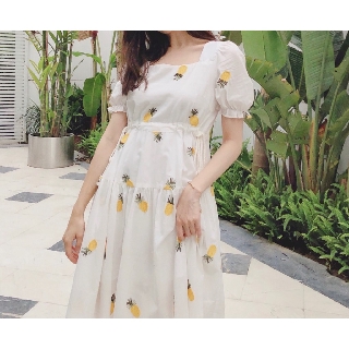 Square Neck Pineapple Dress เดรสลายสับปะรด แขนตุ๊กตา