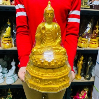 พระพุทธรูปพระพุทธเจ้า ปางประทานพร ฐาน 12 ราศี (สีน้ำทอง) หน้าตัก 5 นิ้ว สูง 28 ซม. (ฟรีของแถม)
