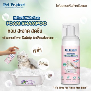 Pet Protect Cat Foam Shampoo แชมพูอาบแห้งแมว เนื้อโฟม ไม่ต้องล้างออก150มล.(โฟมอาบแห้ง ผสม Catnip ช่วยผ่อนคลาย