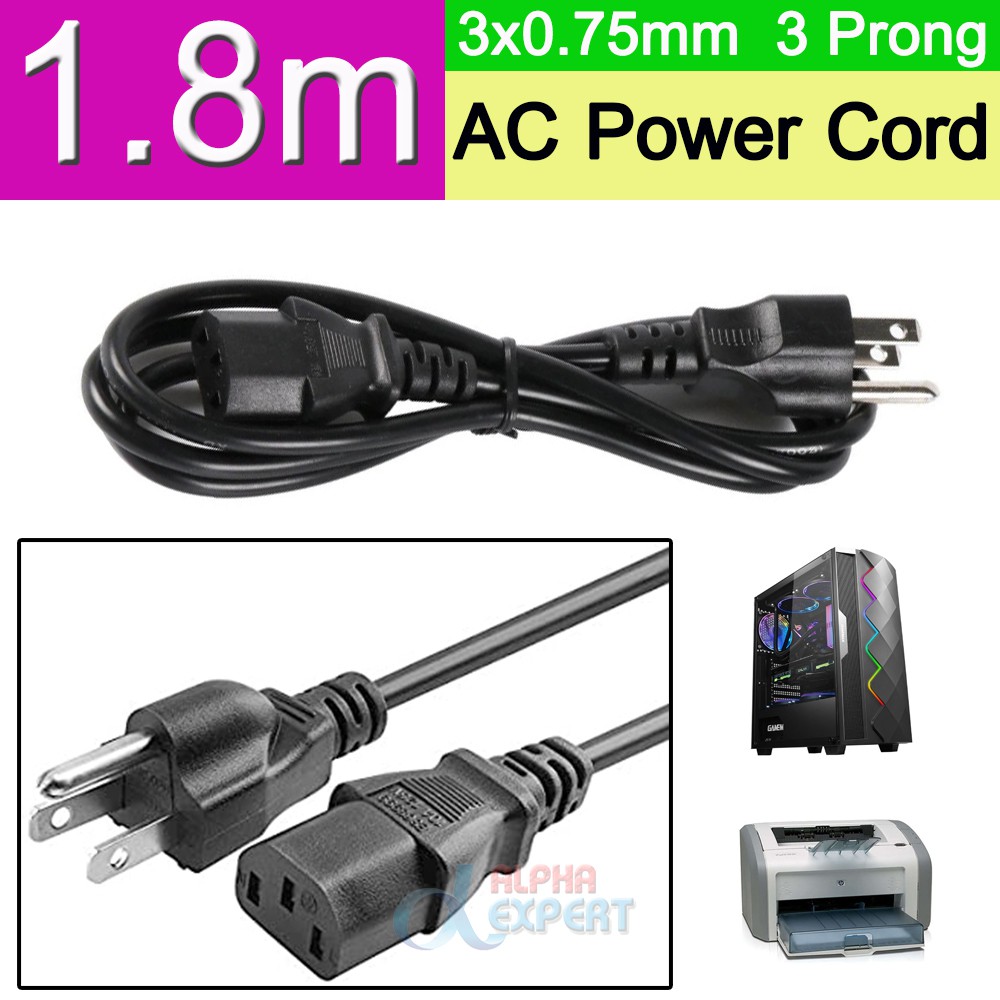 สายไฟ AC Power Cable ขนาดสาย 3x0.75mm ยาว 1.8 เมตร US Plug IEC C13 ...