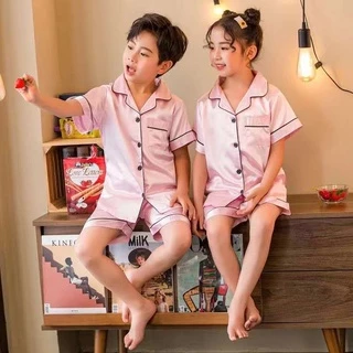 TT3333 SPS เซทชุดนอนเด็ก ชุดนอนผ้าซาตินชุดนอนแบบสั้นและแบบยาว สีพื้น ขนาด100-160พร้อมส่งไม่ต้องรอพรีให้นาน