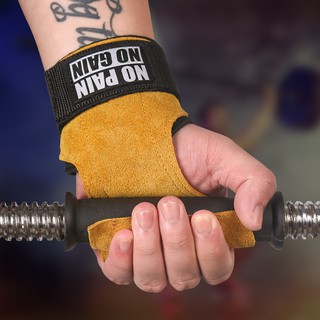 ถุงมือสำหรับออกกำลังกาย 1 คู่ Cowhide Gym Gloves WeightLifting Deadlift Exercise Sports Fquipment Hand Palm Protection Thickness Yellow Brown