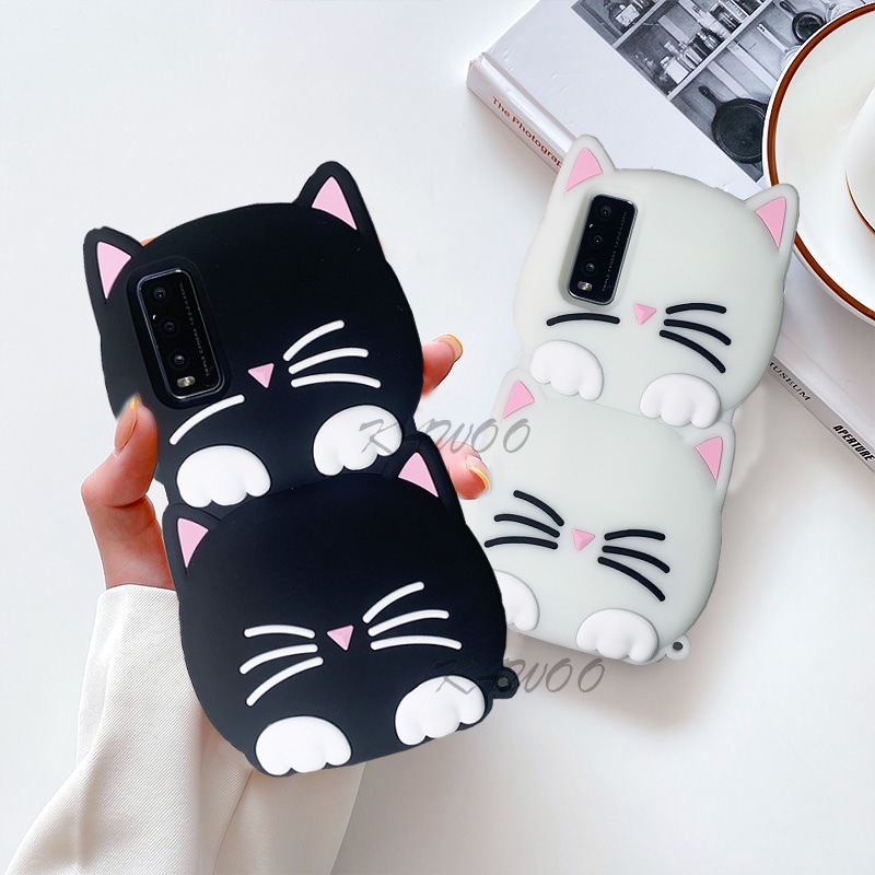 เคสโทรศัพท์มือถือแบบนิ่ม TPU กันกระแทก ลายการ์ตูนแมว 3D เรืองแสงในที่มืด พร้อมสายคล้อง สําหรับ Vivo Y20 Y12S Y20I Y33S Y21 Y21T Y21S Y55S 2021 V23 Pro