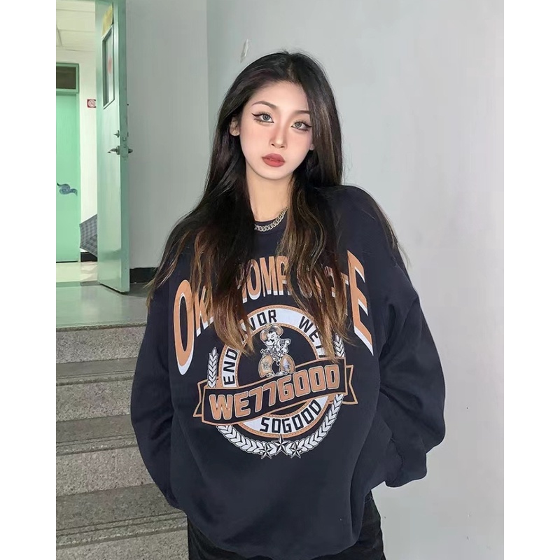 eshow เสื้อกันหนาว เสื้อคลุม คอกลม ผ้าฝ้าย พิมพ์ลาย ขนาดใหญ่ คุณภาพสูง สไตล์เกาหลี สไตล์อเมริกันเรโทร สําหรับสตรี