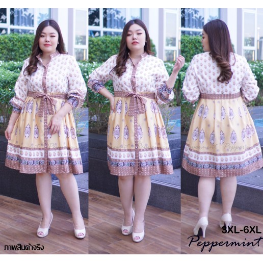 ราคาพิเศษ งานป้ายสาวอวบ เดรสลายโบฮีเมียน Peppermint Plus Size (436)