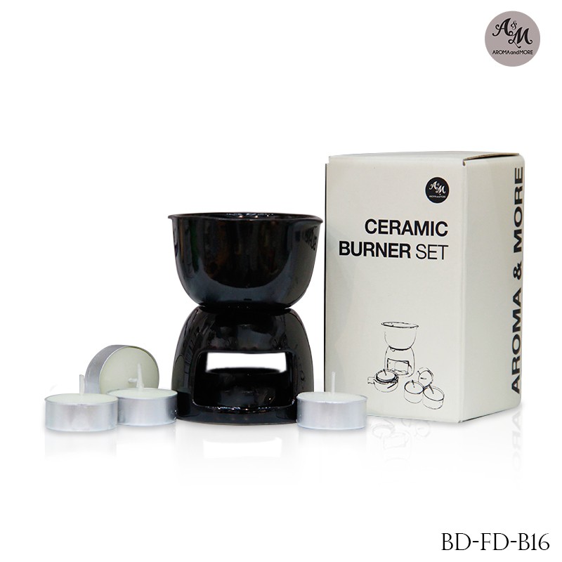 Aroma&More เตาอโรมา เตาฟองดูว์เซรามิคเซท+ช้อนใส่เทียน+เทียน4ก้อน สีดำเคลือบเงา/Fondue Ceramic Burner