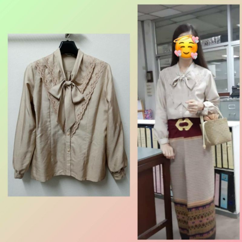 เสื้อคอผูกปักลูกไม้ใส่กับผ้าไทย  ผ้าไหมญี่ปุ่นมือสองสภาพดีมาก