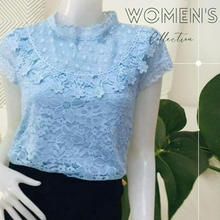 เสื้อลูกไม้ทั้งตัว แขนระบาย รอบ อก 36-40 นิ้ว สีฟ้า