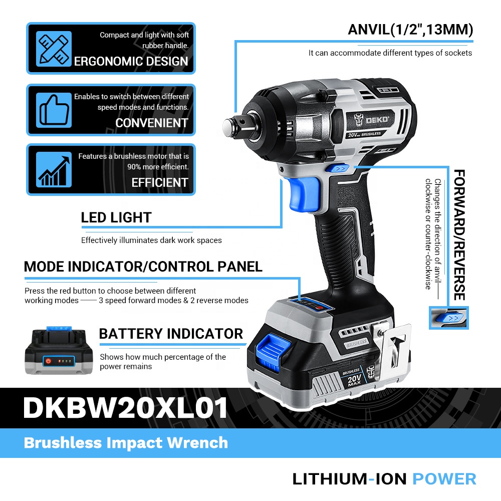 【World Premiere】DEKO 20V MAX Cordless Brushless Wrench 350N.m High Torque Electric Impact Wrench Power Tools (DKBW20XL01 #7