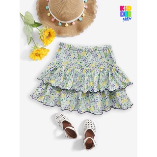 KiddeeCrew กระโปรงเด็ก กระโปรงสั้นครีมดอกไม้ม่วงเหลืองเขียว Green and cream floral short skirt เหมาะสำหรับอายุ 2-10 ปี