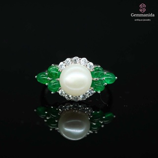 แหวนมุก มรกต และ white sapphire ขนาด 54