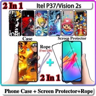 2 IN 1 เคส Itel P37 Vision 2s พร้อมกระจกนิรภัยกันรอยหน้าจอโค้งเซรามิก Naruto และ One Piece