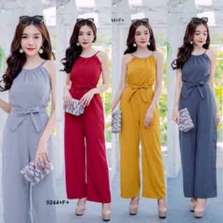 GN9244 **รบกวนสอบถามstockก่อนสั่งซื้อจ้า**Jumpsuit จั๊มสูทขายาว สายเดียวคล้องคอ เนื้อผ้าซาร่า ดีเทลช่วงคอติดโซ่เงินรอบคอ