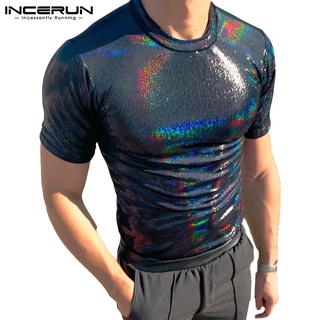 Incerun เสื้อยืดแขนสั้น สะท้อนแสง หลากสี แฟชั่นฤดูร้อน สําหร…
