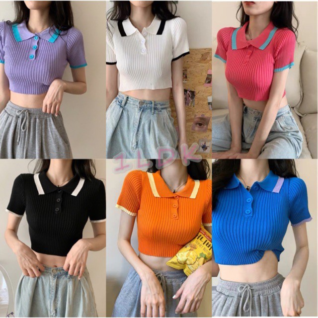 เสื้อ1LDK ครอปเเขนสั้นคอปก ตัดขอบสี (5935)