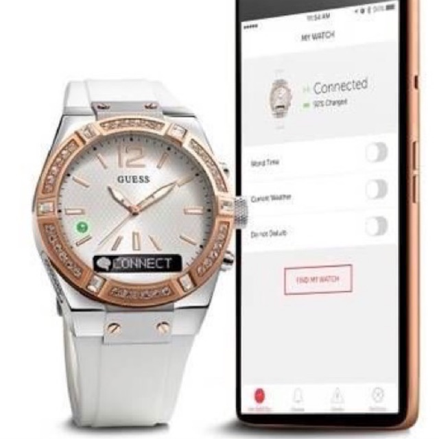 (ผ่อน0%) นาฬิกา สีเงิน ขอบโรสโกลด์ สายซิลิโคน สีขาว Guess Connect Bluetooth Hybrid Smartwatch Unisex Watch C0002M2