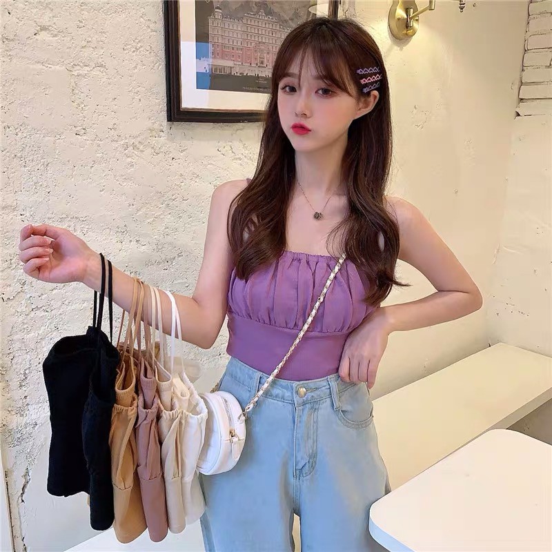 ส่งทันที Cici(พร้อมส่ง)เสื้อสายเดี่ยวสม็อคอก สายเดี่ยวน่ารักสีพื้น คิ้วท์ๆ(K236)