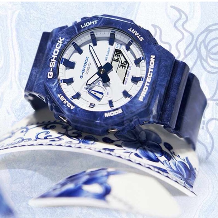 G*/@shock GA-2100BWP-2AJF ผู้ชายและผู้หญิงสีน้ําเงินเข้มมีสีฟ้าและสีขาว สายนาฬิกาเรซิ่นแฟชั่น f475