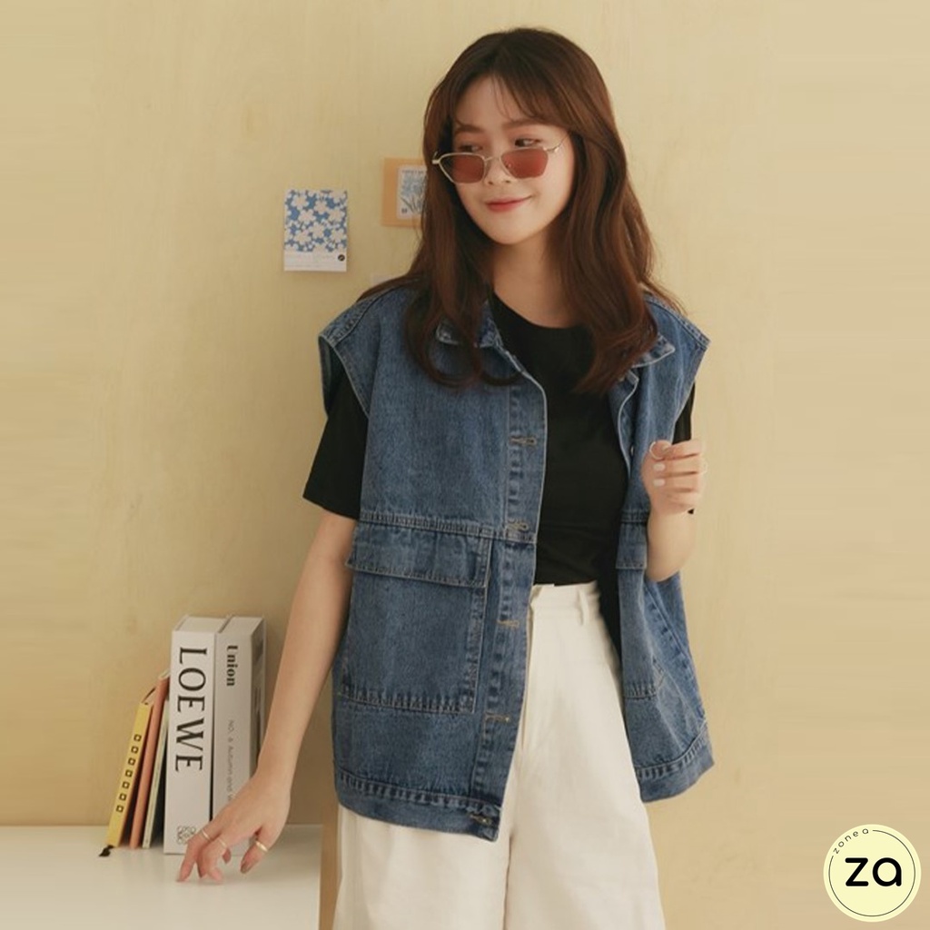 HOT SALE เสื้อแจ็คเก็ตยีนส์แต่งกระเป๋าใหญ่สุดเท่ แขนกุด
