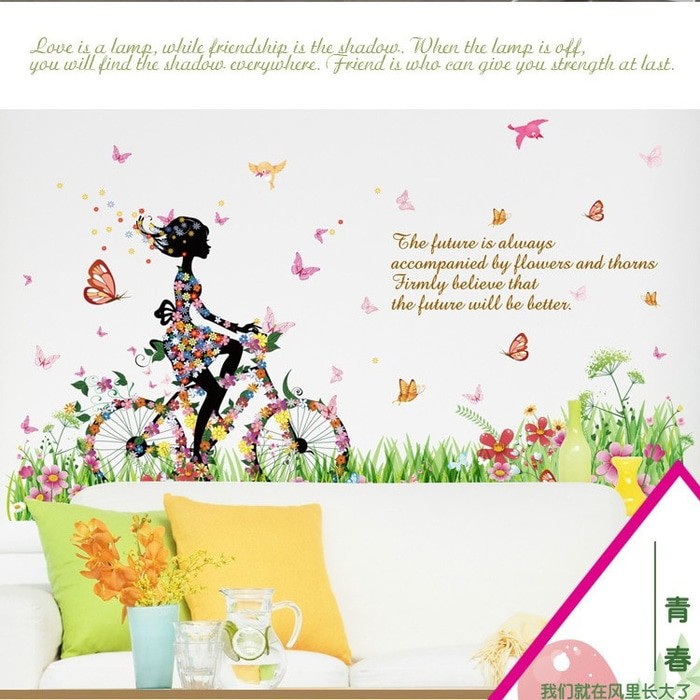 XL8089 BIKE GIRL IN GARDEN สติ๊กเกอร์ติดผนัง สติ๊กเกอร์ติดผนัง