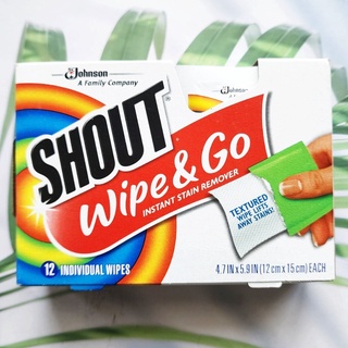 (Shout®) Wipe &amp; Go Instant Stain Remover 12 Wipes แผ่นเช็ดทำความสะอาด สำหรับผ้า แบบพกพา แผ่นขจัดคราบ