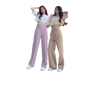 (023)พร้อมส่ง❤กางเกงเอวสูงขาบานตะขอยื่น Long-Length Pants