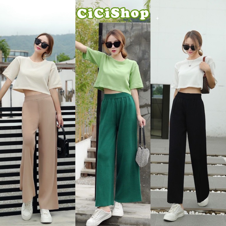 Cicishop SALE(BZA500)ชุดเซทไหมพรม เสื้อครอปแขนสั้นแมทช์คู่กับกางเกง เนื้อผ้าบาง ใส่สบาย