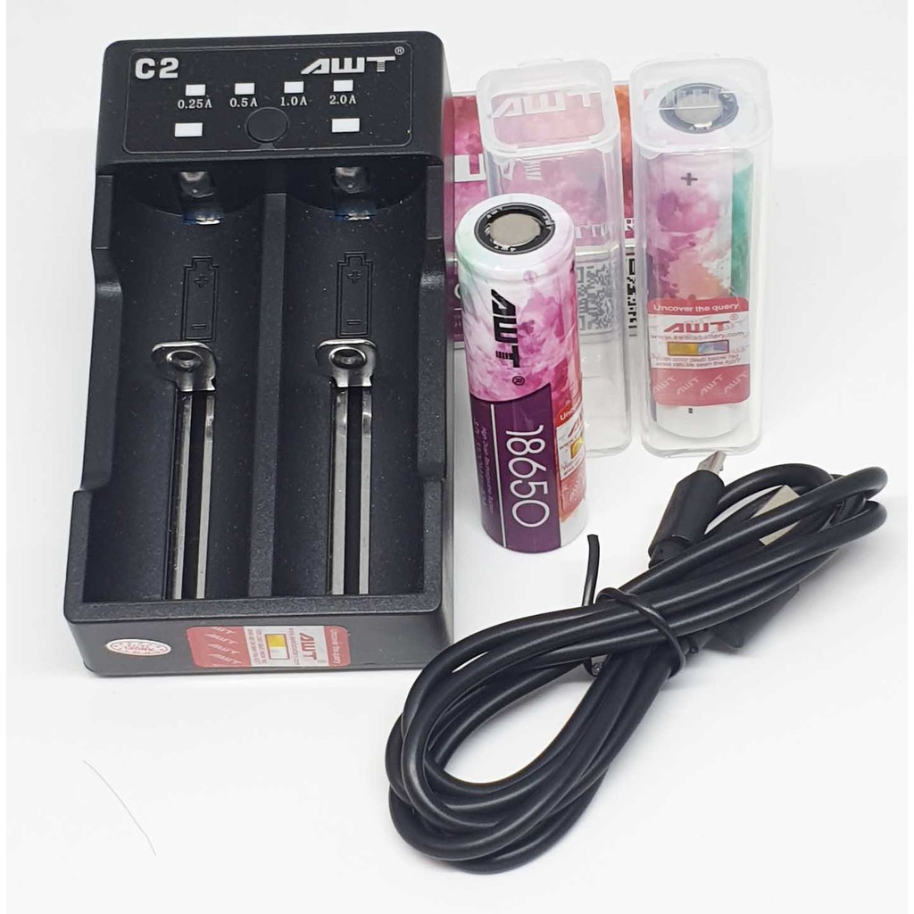 ชุดชาร์จ AWT C2 พร้อมถ่าน AWT 18650 สีชมพู 3300 mAh 2 ก้อน ของแท้ Code เช็คได้ 100%