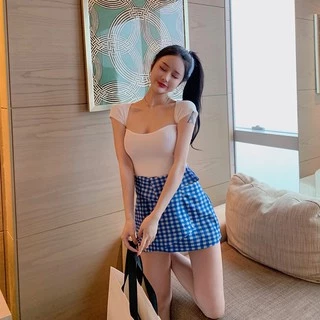 Cicishop(พร้อมส่ง)(70009)เสื้อแขนสั้นเว้าอก ผ้ายืดนิ่ม HOT·สุดๆ