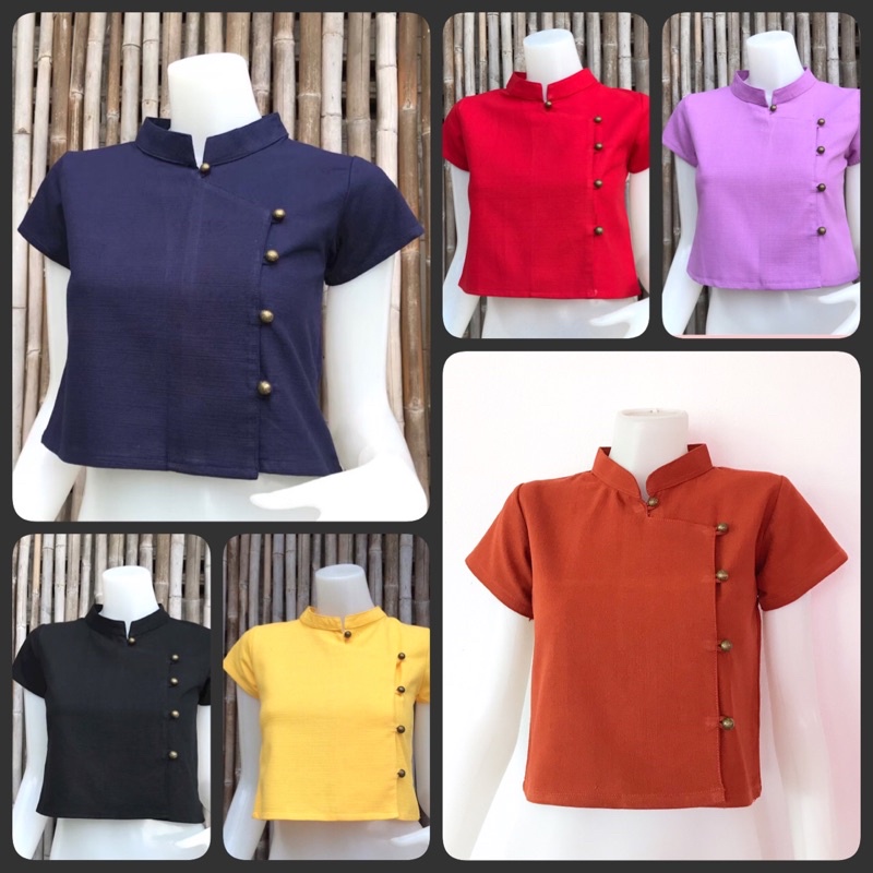 2/3 เสื้อพื้นเมืองคอจีน แขนสั้น กระดุมป้าย ทรงตรง