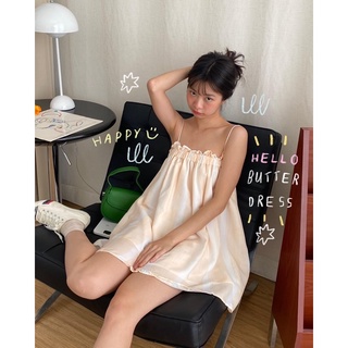 Chuuchop_พร้อมส่ง(C7794)✨🧸🏖Hello butter dress ชุดเดรสสั้นสายเดี่ยว ลายทาง สีเหลืองครีม