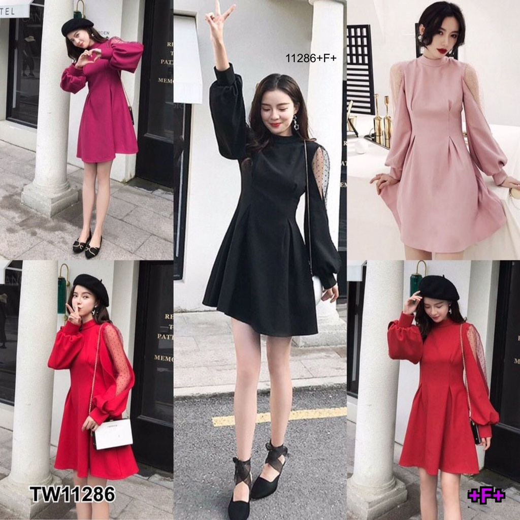 TwinsShopVip พร้อมส่ง TW11286 เดรสแขนแต่งซีทรูด้านหลังผูกโบว์