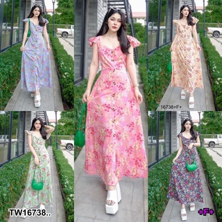 👗Pfashion [ส่งไว!!🚛] P16738 แม็กซีเดรส ลายดอก แขนกุดแต่งระบาย..