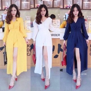 4219 จั้มสูทขาสั้นงานผ้าโฟร์เวย์ คอวีแขนยาว