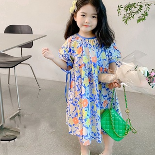 พร้อมส่ง~ ชุดเดรส คอกลม แขนสั้น ลายดอกไม้ สไตล์เจ้าหญิง สําหรับเด็กผู้หญิง อายุ 3-8 ปี