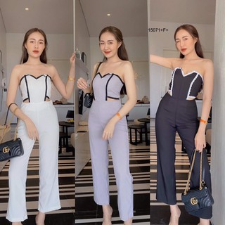 Jumpsuit จั้มสูทเกาะอก แต่งกุ้นขอบลูกไม้ จั้มขายาว NI15071