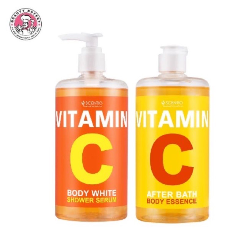🍊[ซื้อคู่ถูกกว่า]🍊SCENTIO VITAMIN C BODY WHITE SHOWER SERUM+AFTER BATH BODY ESSENCE -วิตามินซีน้ำตบ+ครีมอาบน้ำ (450ML.)
