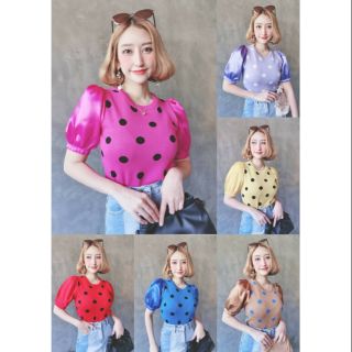 เสื้อไหมพรมแขนสั้น คอกลม ทอลายPOLKA DOT  แต่งแขนตุ๊กตาด้วยผ้าไหมใส่สวย ทรงเป๊ะ