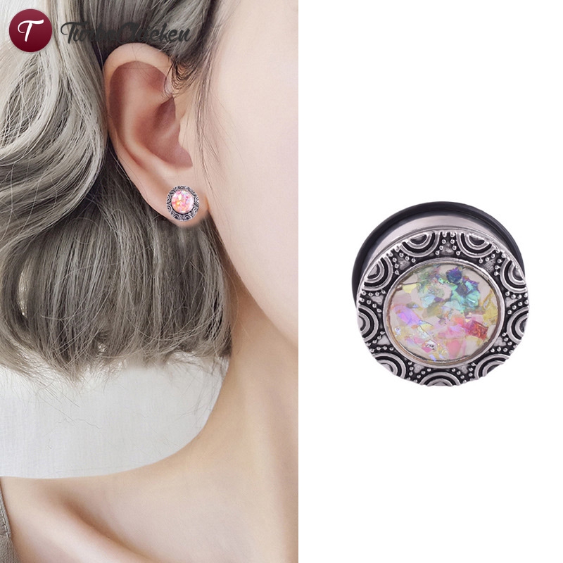 PAIR-Glittered Opal Gem Steel Double Flare Ear Plugs 25mm/1" Gauge Body Jewelry