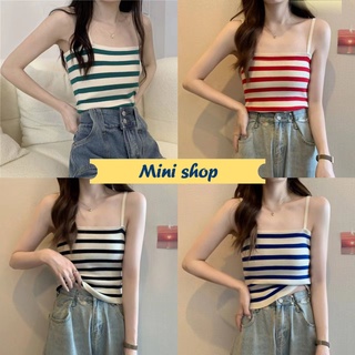 Mini shop🌸พร้อมส่ง🌸(M0511) เสื้อสายเดี่ยยวไหมพรม รัดรูปดีเทลลายทางน่ารักคิ้วๆเกาหลี