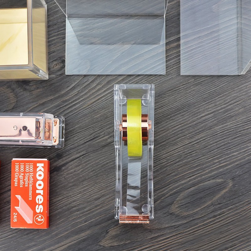 Rose Gold Acrylic Desk Organizer Set - Clear Stapler, Tape Dispenser, Pen Holder, Scissors & More, Luxury Office Supplies
