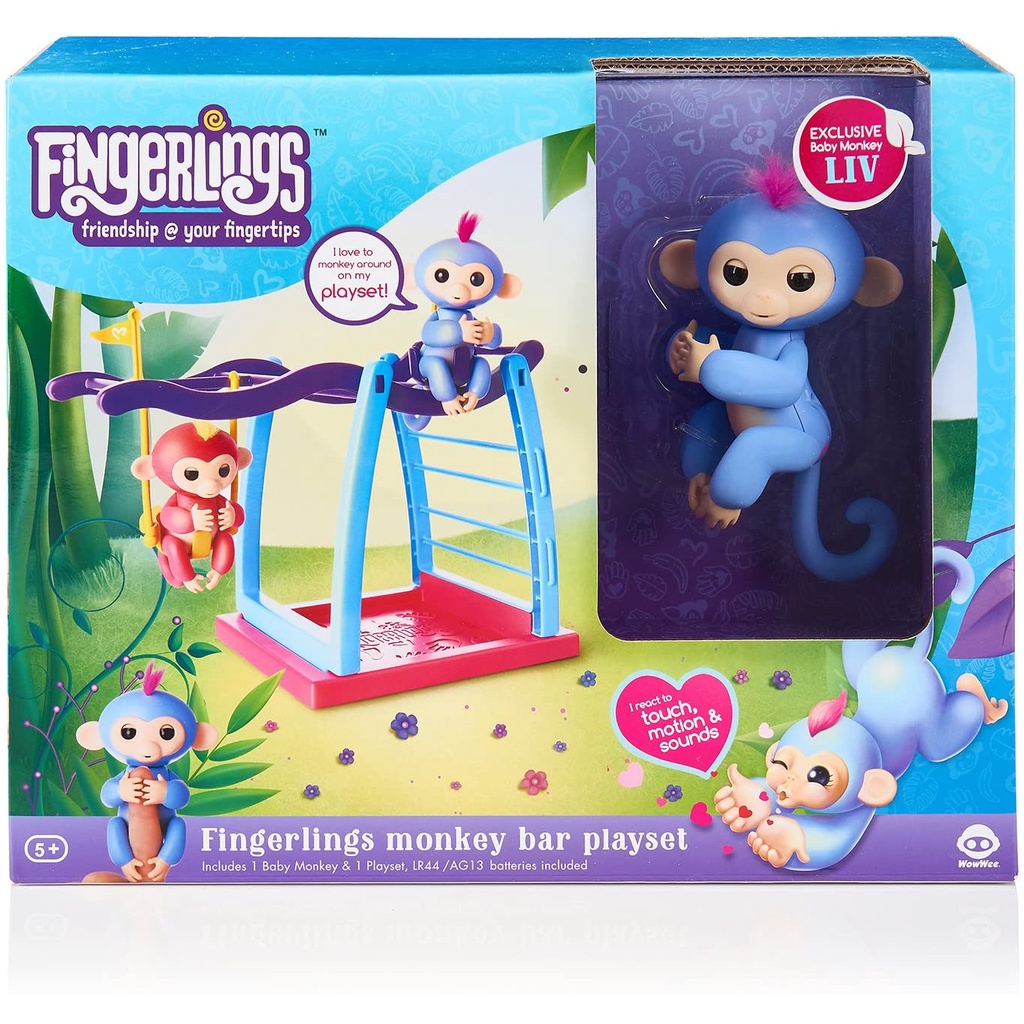 แท้ WowWee Fingerlings Playset - Monkey Bar Playground + Liv The Baby Monkey (Blue with Pink Hair) Toy Action Figure