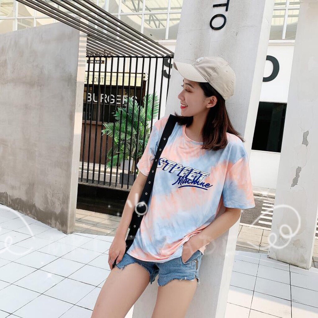 📌เสื้อยืดลายมัดย้อม สกีนอักษร ทรง oversize #9735